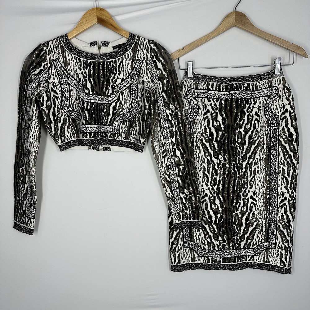 Alberto Makali Jacquard Crop Top Long Sleeve And Pencil Skirt Medium Set Bandage